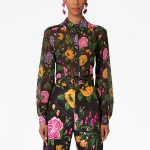 Carolina Herrera Floral Sheer Blouse Black - Picture 1 of 9